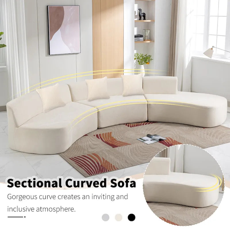 Canapé d'angle incurvé élégant de 136 po en tissu chenille avec trois coussins pour le salon,