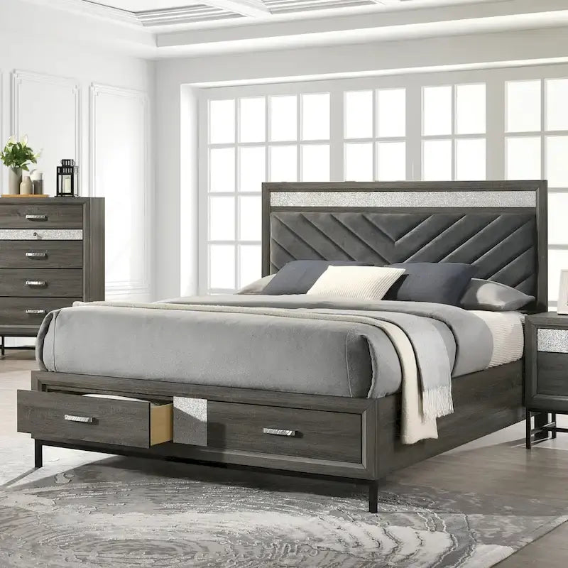 Ensemble de chambre à coucher Heinisk contemporain gris 6 pièces avec plateforme