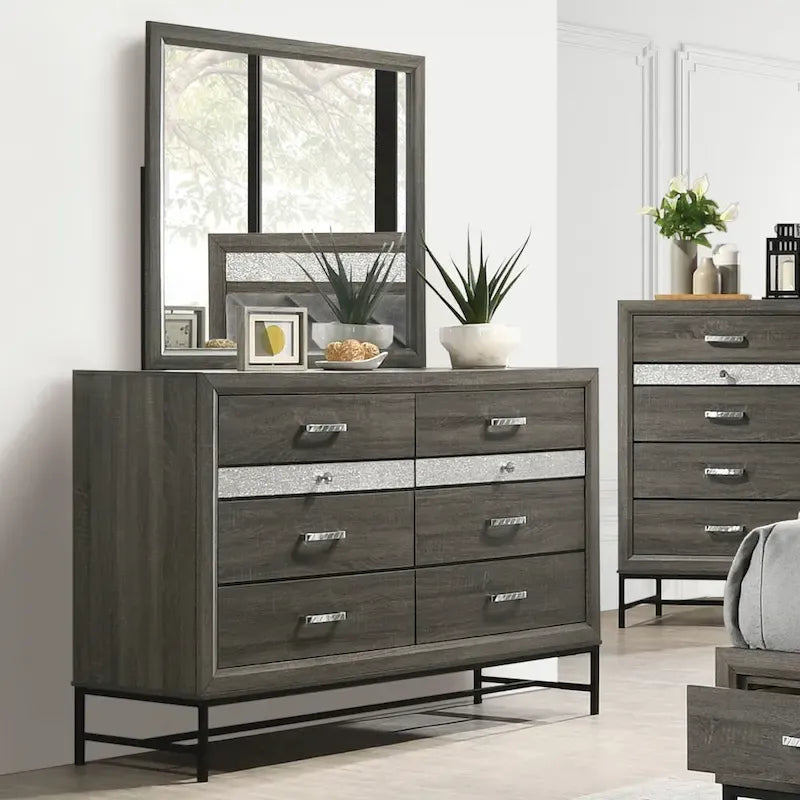 Ensemble de chambre à coucher Heinisk contemporain gris 6 pièces avec plateforme